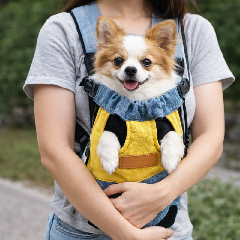 Anypet Small Yellow & Blue Denim Pet Carrier Backpack – Breathable Travel Bag with Pockets for Small Pets