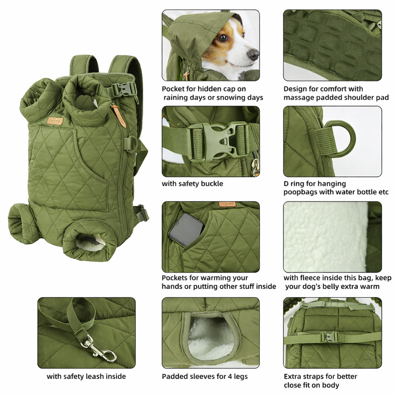 Anypet Green Cozy Winter Pet Carrier Backpack with Hoodie & Storage Pockets for Small to Medium Dogs