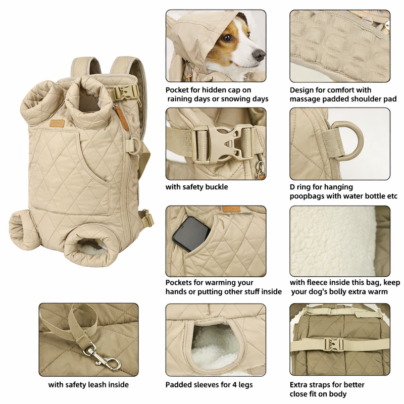 Anypet Beige Cozy Winter Pet Carrier Backpack with Hoodie & Storage Pockets for Small to Medium Dogs