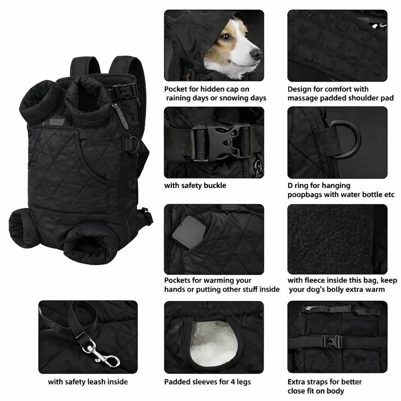 Anypet Black Cozy Winter Pet Carrier Backpack with Hoodie & Storage Pockets for Small to Medium Dogs