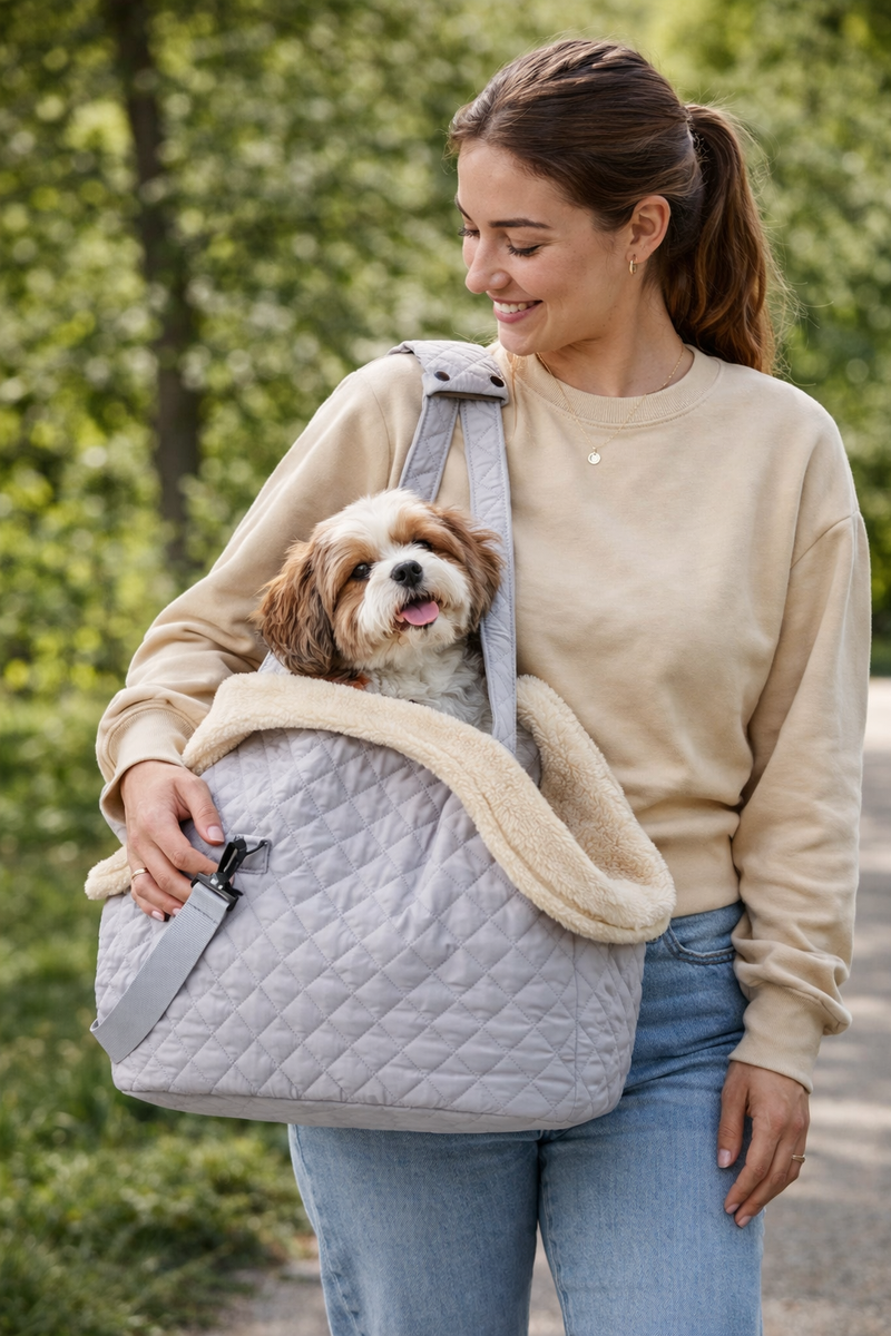 Anypet Quilted Thicken Grey Korean-Inspired Pet Carrier Handbag & Shoulder Bag