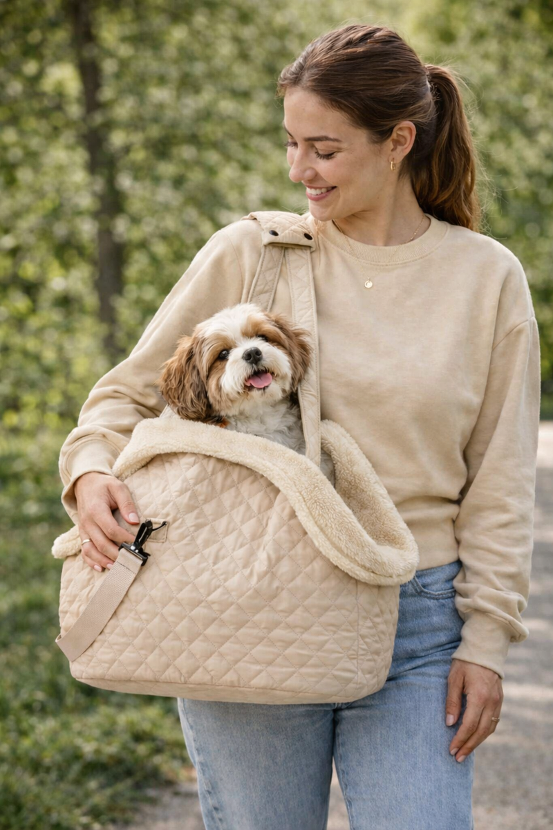 Anypet Quilted Thicken Beige Korean-Inspired Pet Carrier Handbag & Shoulder Bag