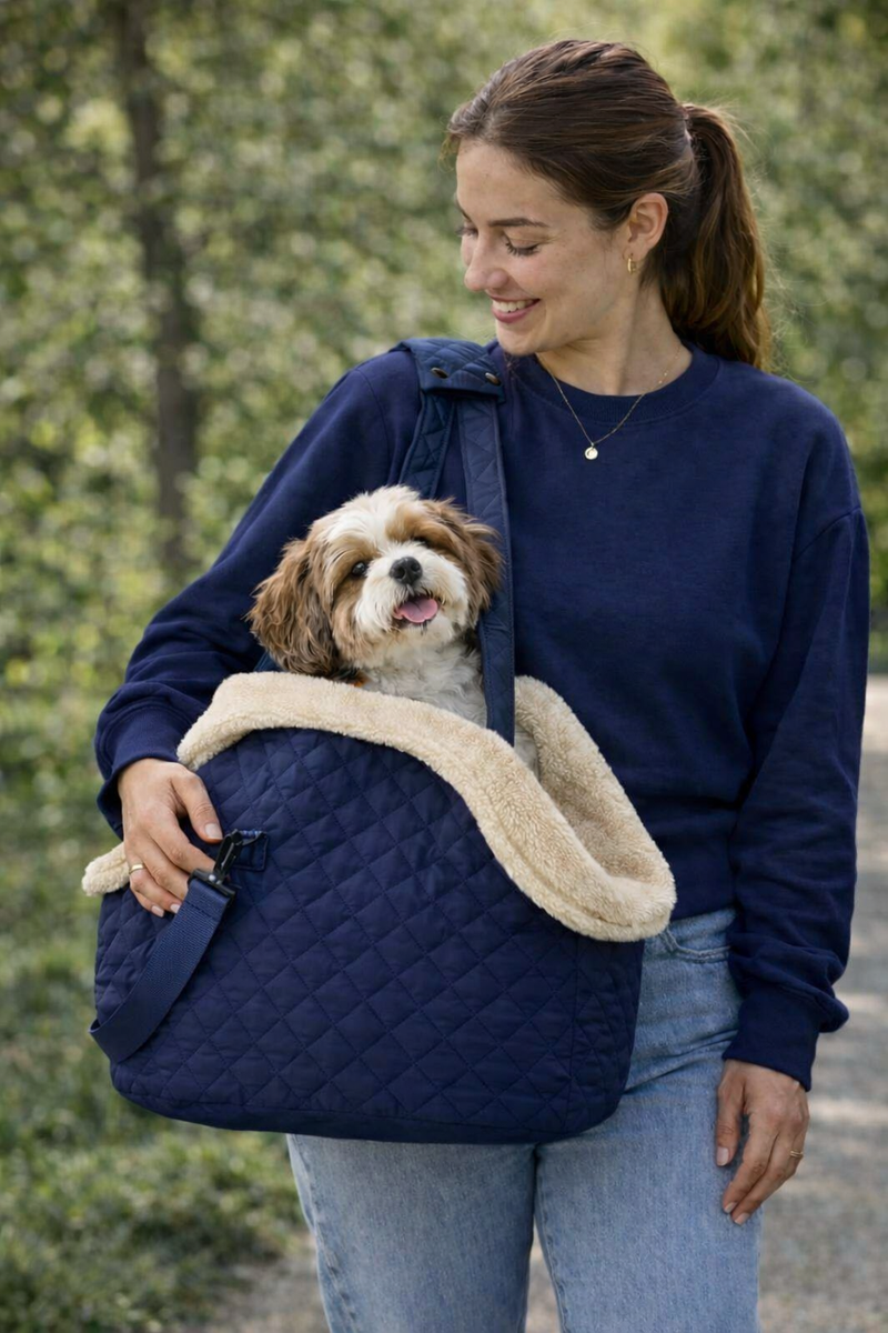 Anypet Quilted Thicken Navy Blue Korean-Inspired Pet Carrier Handbag & Shoulder Bag