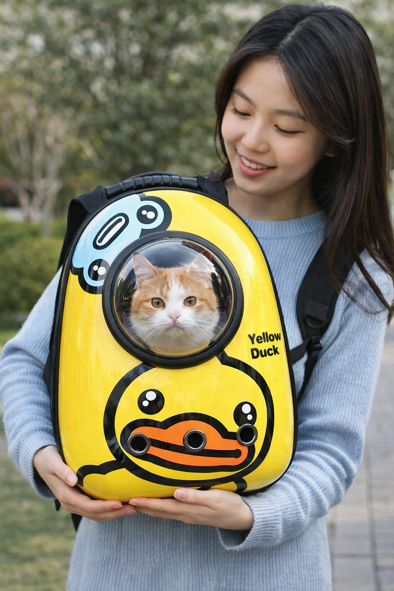 Anypet Yellow Duck Print Space Capsule Pet Carrier – Breathable Travel Bag for Small Pets