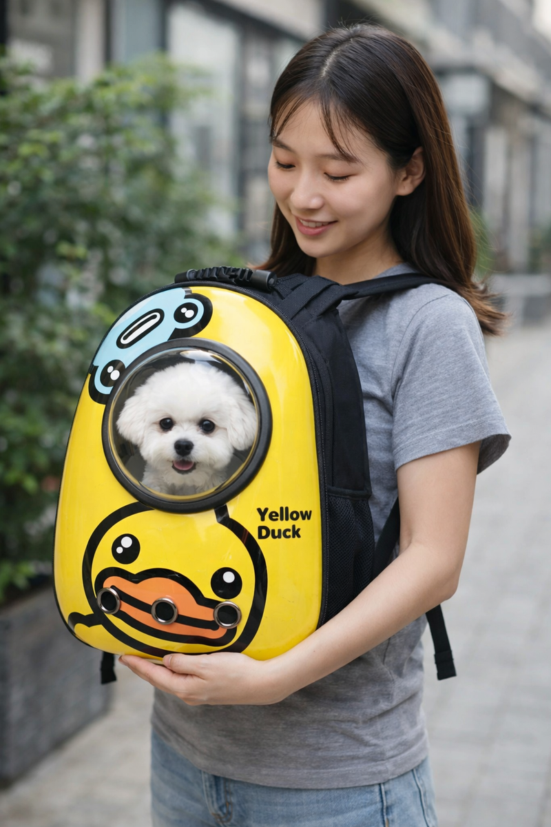Anypet Yellow Duck Print Space Capsule Pet Carrier – Breathable Travel Bag for Small Pets