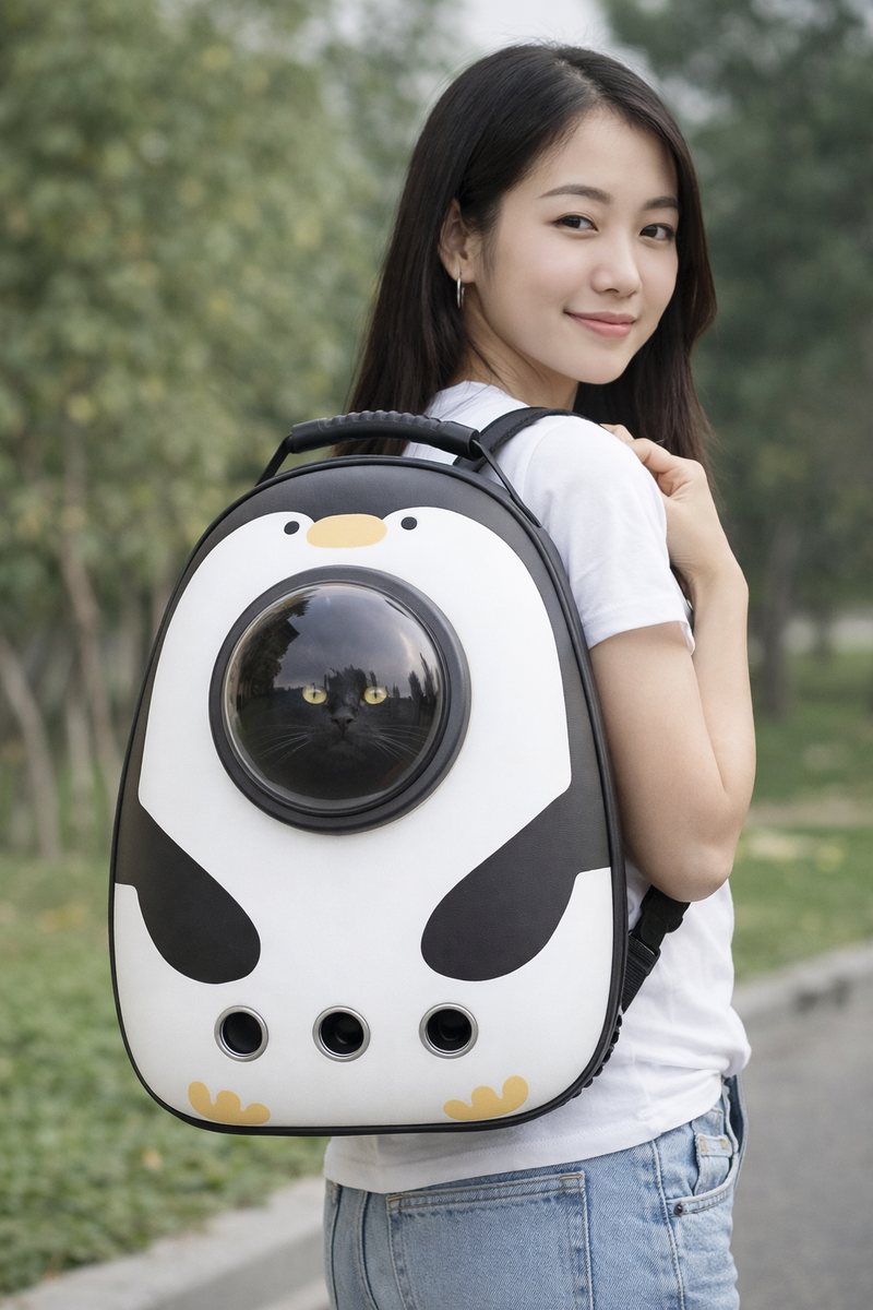 Anypet White Penguin Print Space Capsule Pet Carrier – Breathable Travel Bag for Small Pets