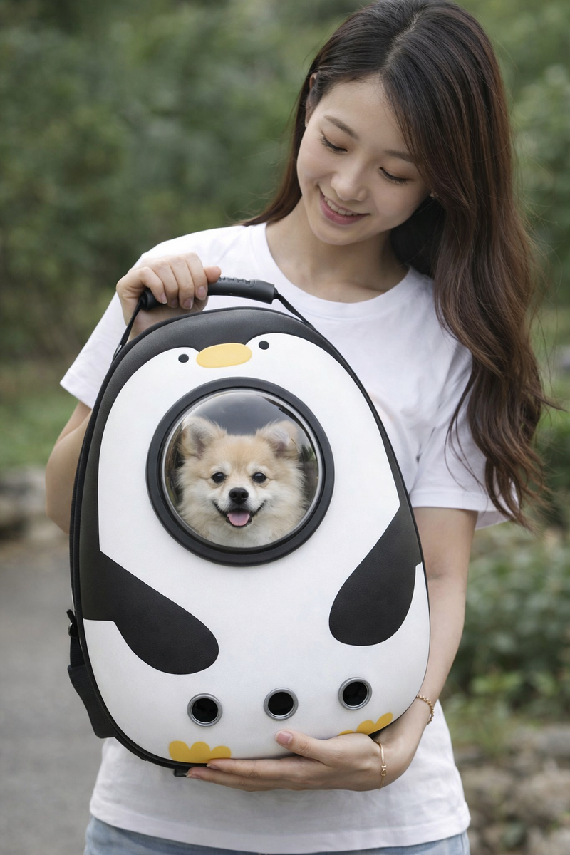 Anypet White Penguin Print Space Capsule Pet Carrier – Breathable Travel Bag for Small Pets