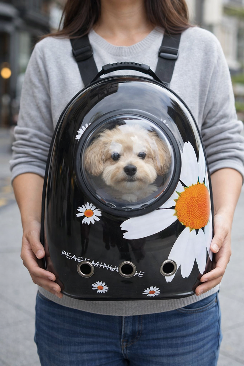 Anypet Black Daisy Print Space Capsule Pet Carrier – Breathable Travel Bag for Small Pets