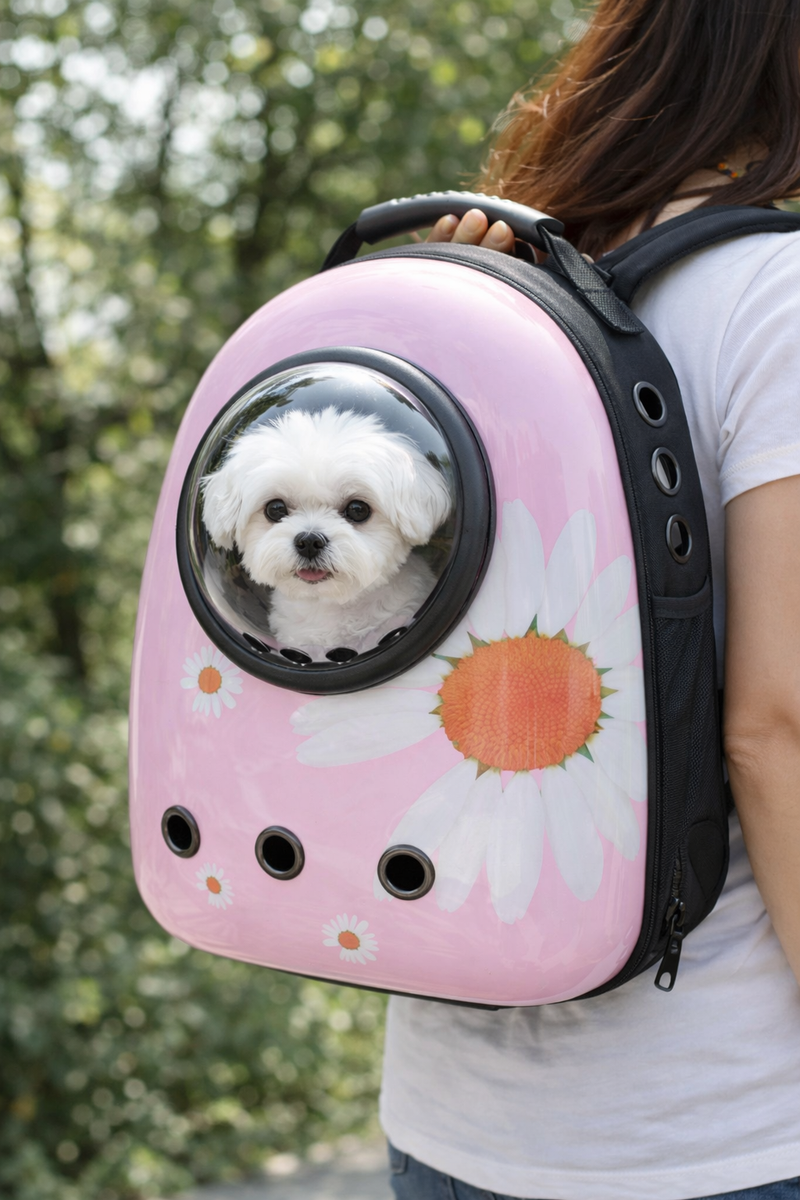 Anypet Pink Daisy Print Space Capsule Pet Carrier – Breathable Travel Bag for Small Pets
