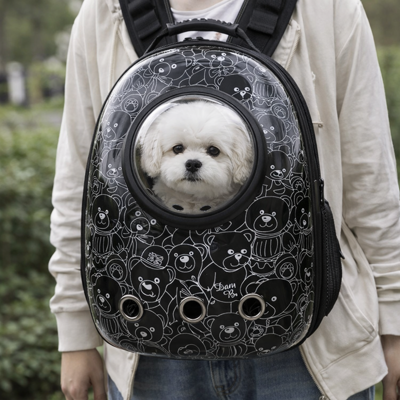 Anypet Black Bears Print Space Capsule Pet Carrier – Breathable Travel Bag for Small Pets