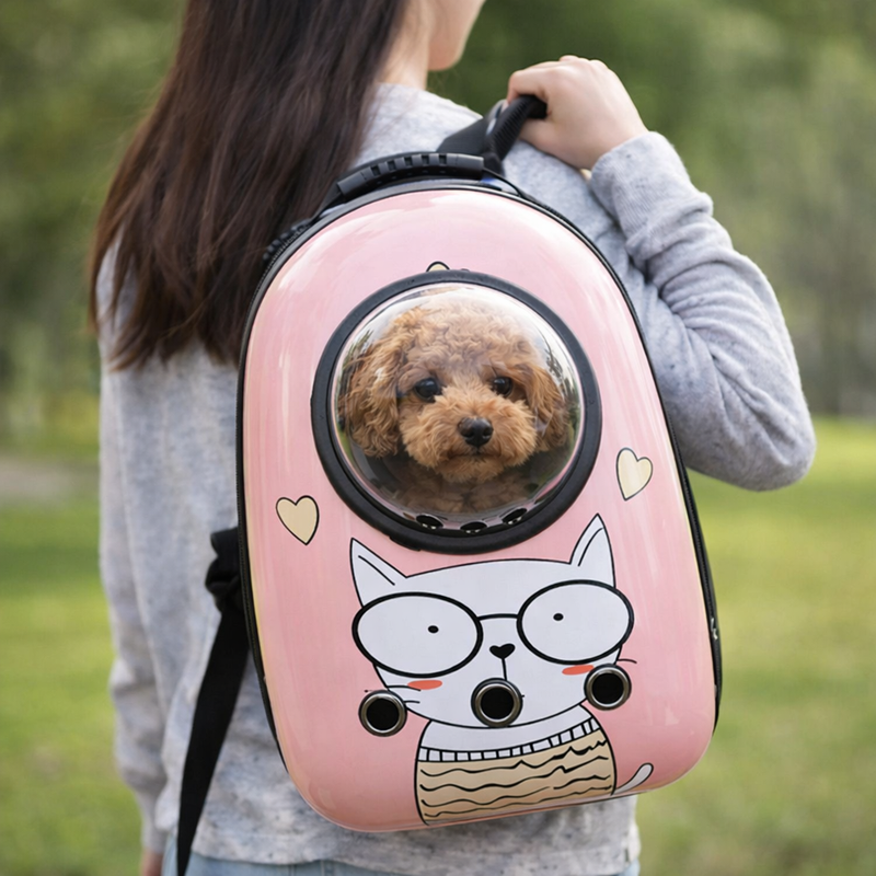 Anypet Pink Cat with Glasses Print Space Capsule Pet Carrier – Breathable Travel Bag for Small Pets