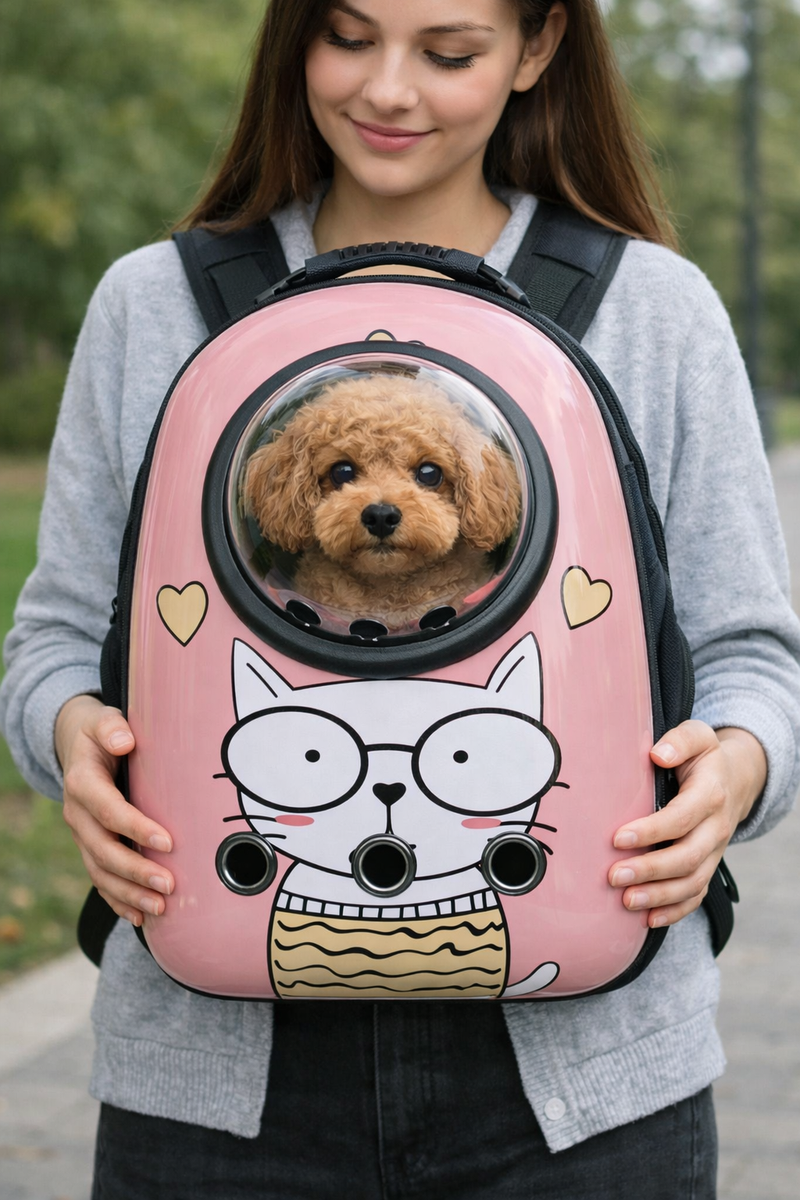 Anypet Pink Cat with Glasses Print Space Capsule Pet Carrier – Breathable Travel Bag for Small Pets