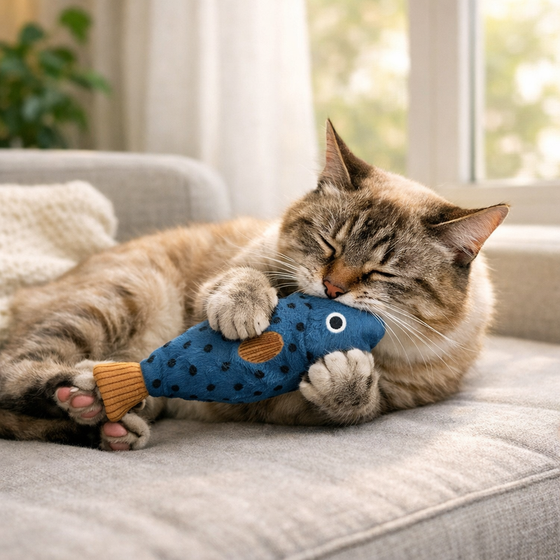 Anypet Blue Squeaky Fish Plush Toy – Soft Cat Accessory for Playful Pets