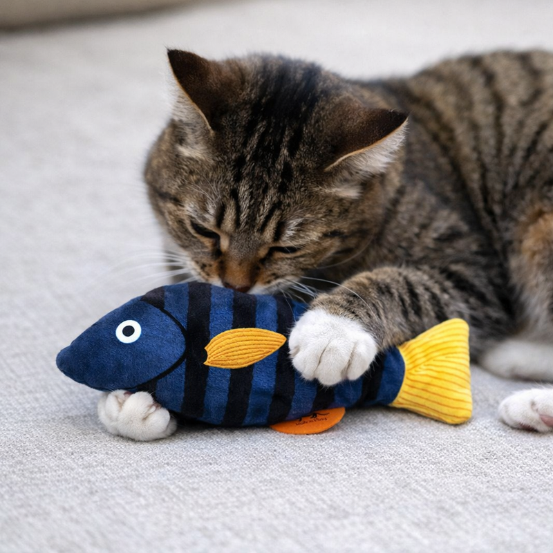 Anypet Black Blue Squeaky Fish Plush Toy – Soft Cat Accessory for Playful Pets
