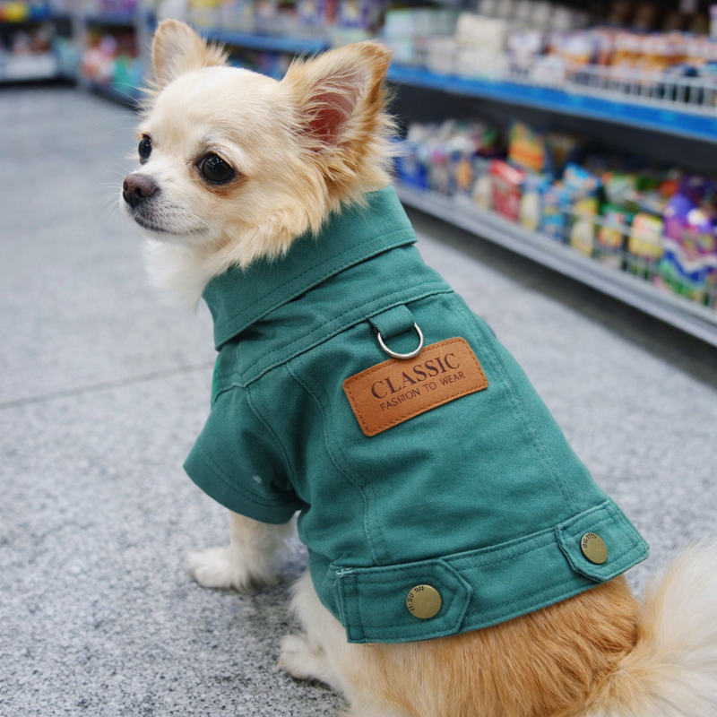 Anypet Pet Clothes Green Denim Coat Jacket Costume with Leash Ring for Special Occasion