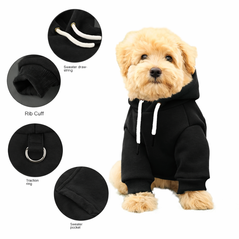 Anypet Black Fleece Dog Hoodie Jacket with Back Pockets – Warm Pet Sweatshirt for Cosplay & Cold Weather
