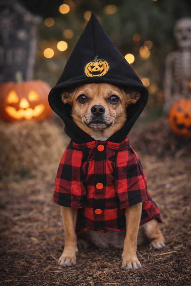 Anypet Dog Costume – Black and Red Plaid Shirt with Cape Outfit & Fun Accessories