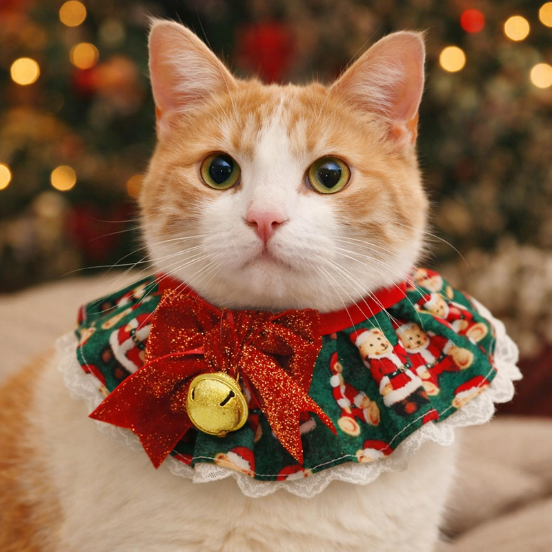 ANYWAGS Christmas Pet Collar – Green with Red Ribbon, Lace Silk Scarf for Dogs & Cats Holiday Accessories