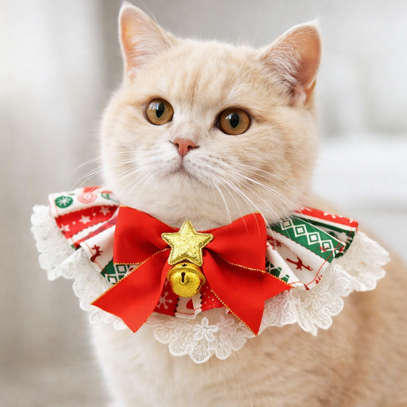 ANYWAGS Christmas Pet Collar Red and Grey Ribbon with Gold Star Christmas Lace Silk Ribbon Scarf – for Dogs & Cats Holiday Accessories