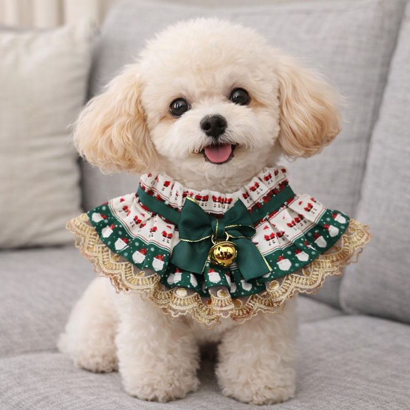 ANYWAGS Christmas Pet Collar – Green Bow with Bell Christmas Lace Silk Scarf for Dogs & Cats Holiday Accessories