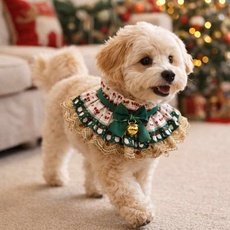 ANYWAGS Christmas Pet Collar – Green Bow with Bell Christmas Lace Silk Scarf for Dogs & Cats Holiday Accessories