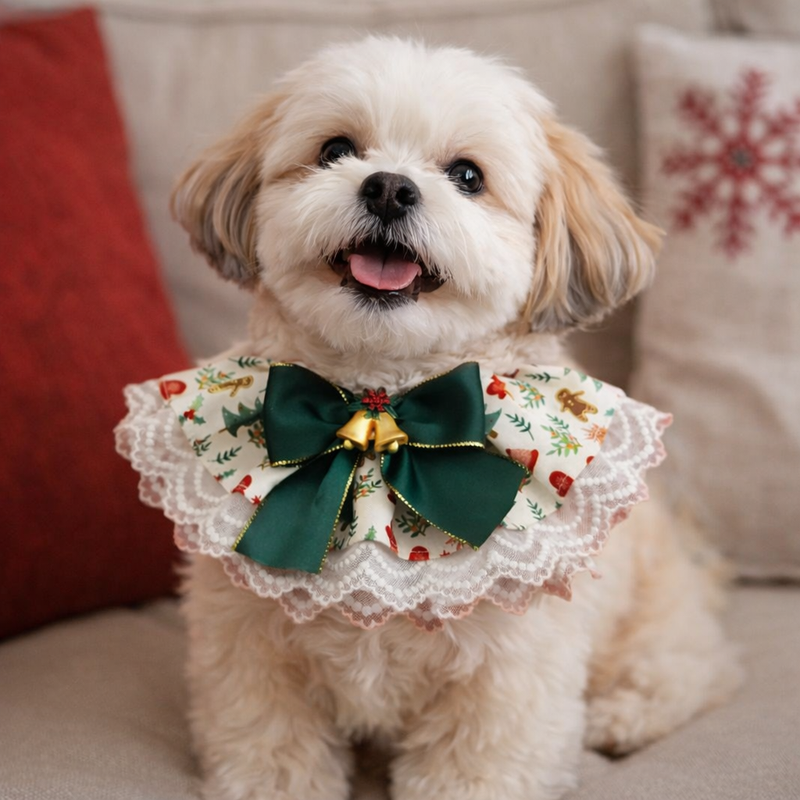 ANYWAGS Christmas Pet Collar – White Printed Ribbon, Lace Silk Scarf for Dogs & Cats Holiday Accessories