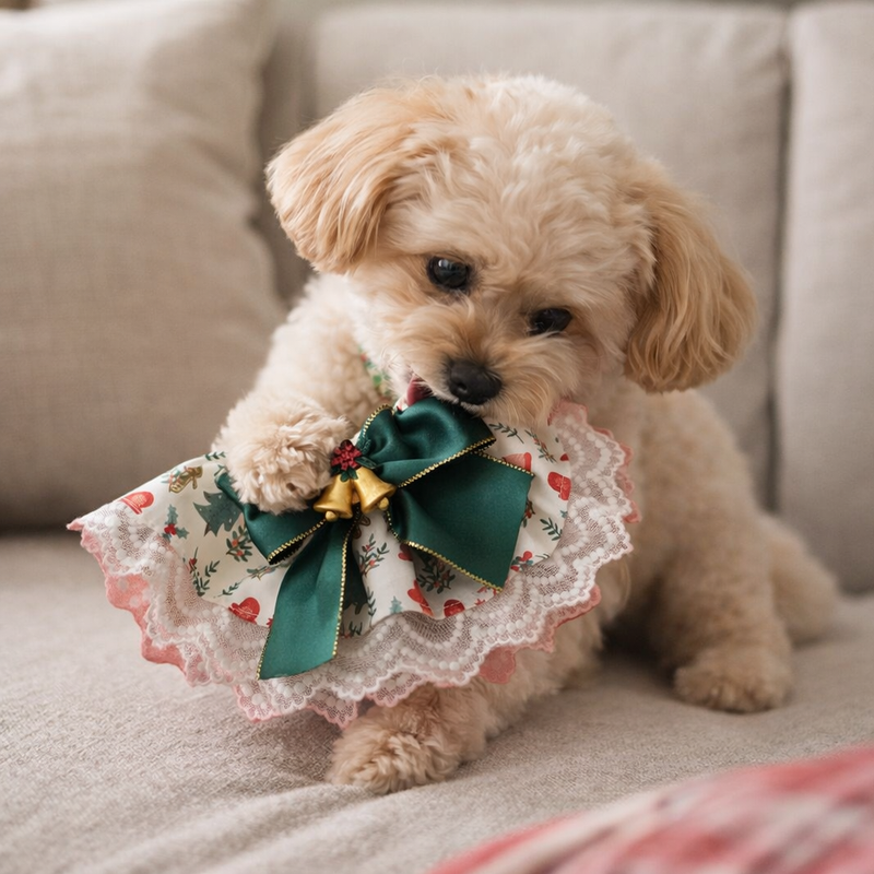 ANYWAGS Christmas Pet Collar – White Printed Ribbon, Lace Silk Scarf for Dogs & Cats Holiday Accessories