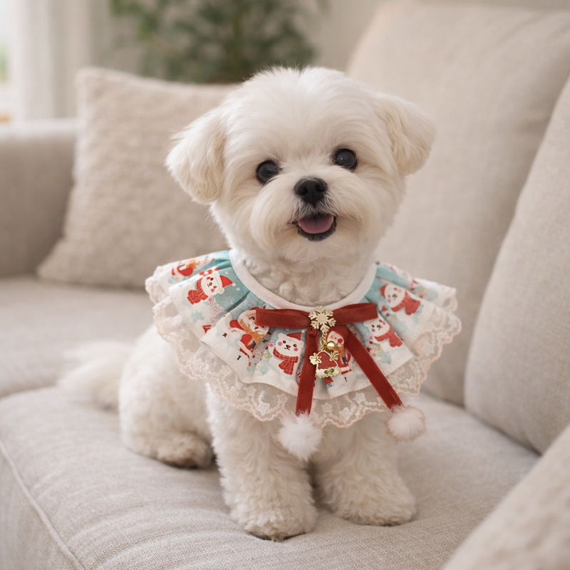 ANYWAGS Christmas Pet Collar – White Printed Christmas Lace Silk Scarf for Dogs & Cats Holiday Accessories