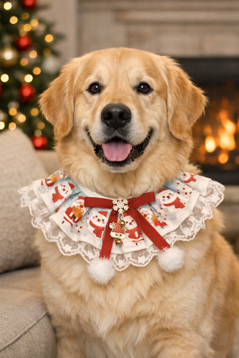 ANYWAGS Christmas Pet Collar – White Printed Christmas Lace Silk Scarf for Dogs & Cats Holiday Accessories