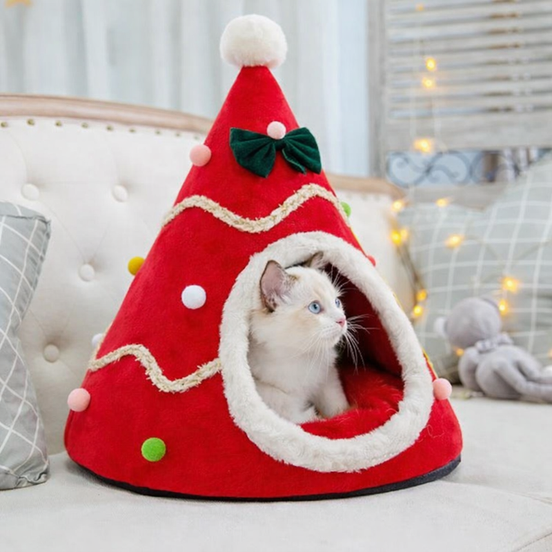 Anypet Christmas Pet Bed – Red Ribbon Winter Cat Cushion Mat, Soft Cozy Design