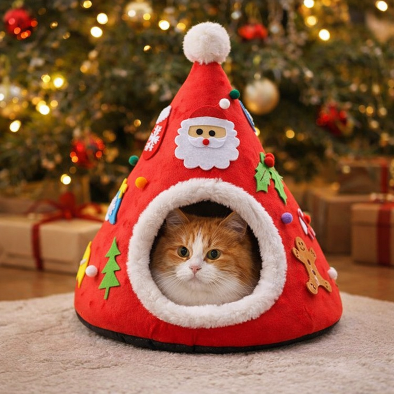 Anypet Christmas Pet Bed – Red with Santa Winter Cat Cushion Mat, Soft Cozy Design