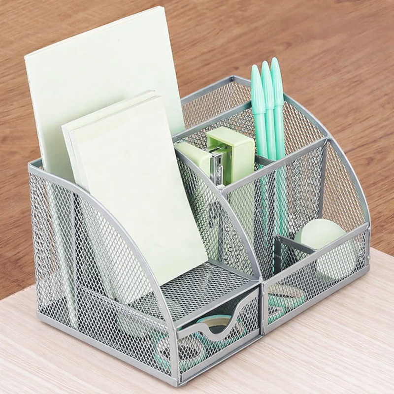 “AnyCraft Silver Mesh Desk Organizer with Multi‑Compartment Storage for Office & School Supplies”