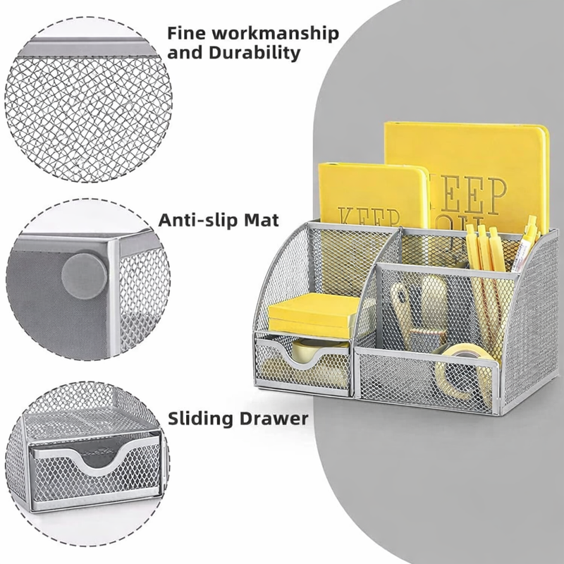 “AnyCraft Silver Mesh Desk Organizer with Multi‑Compartment Storage for Office & School Supplies”
