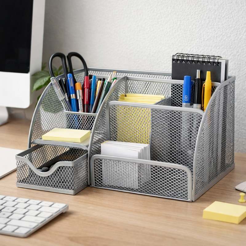 “AnyCraft Silver Mesh Desk Organizer with Multi‑Compartment Storage for Office & School Supplies”