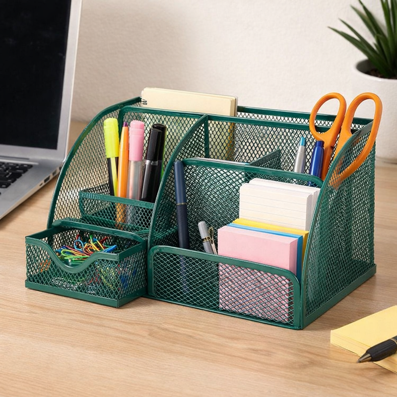 “AnyCraft Dark Green Mesh Desk Organizer with Multi‑Compartment Storage for Office & School Supplies”