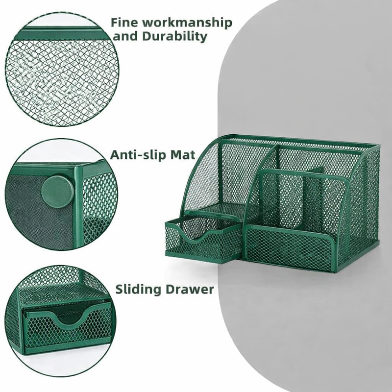 “AnyCraft Dark Green Mesh Desk Organizer with Multi‑Compartment Storage for Office & School Supplies”