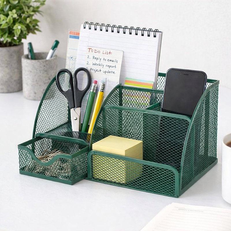 “AnyCraft Dark Green Mesh Desk Organizer with Multi‑Compartment Storage for Office & School Supplies”
