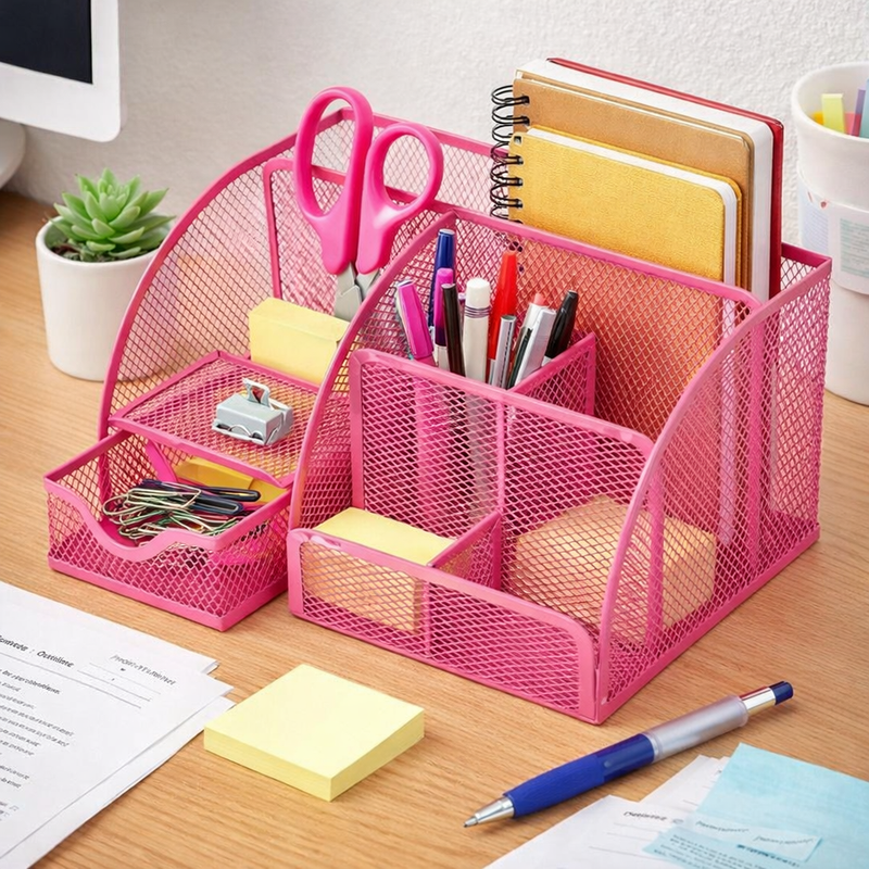 “AnyCraft Light Pink Mesh Desk Organizer with Multi‑Compartment Storage for Office & School Supplies”