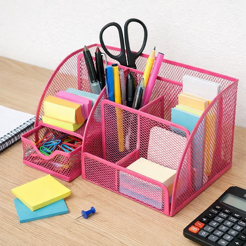 “AnyCraft Light Pink Mesh Desk Organizer with Multi‑Compartment Storage for Office & School Supplies”