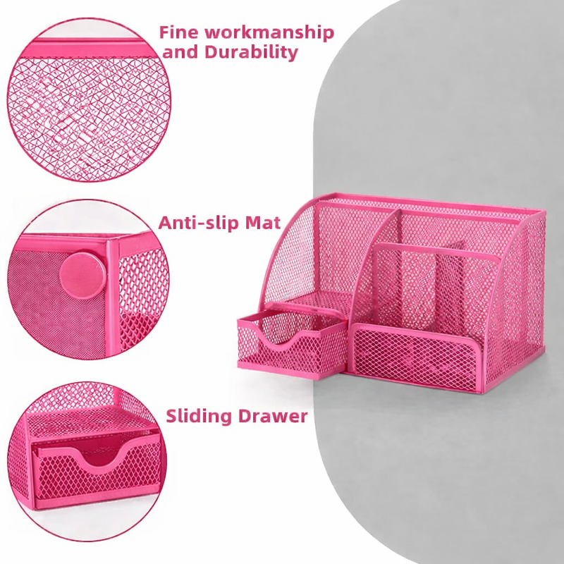 “AnyCraft Light Pink Mesh Desk Organizer with Multi‑Compartment Storage for Office & School Supplies”