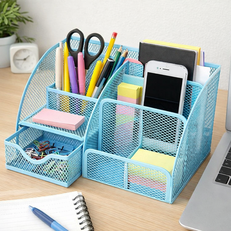 “AnyCraft Blue Mesh Desk Organizer with Multi‑Compartment Storage for Office & School Supplies”