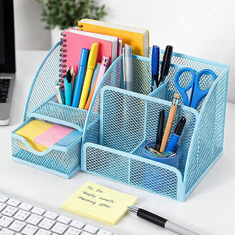 “AnyCraft Blue Mesh Desk Organizer with Multi‑Compartment Storage for Office & School Supplies”
