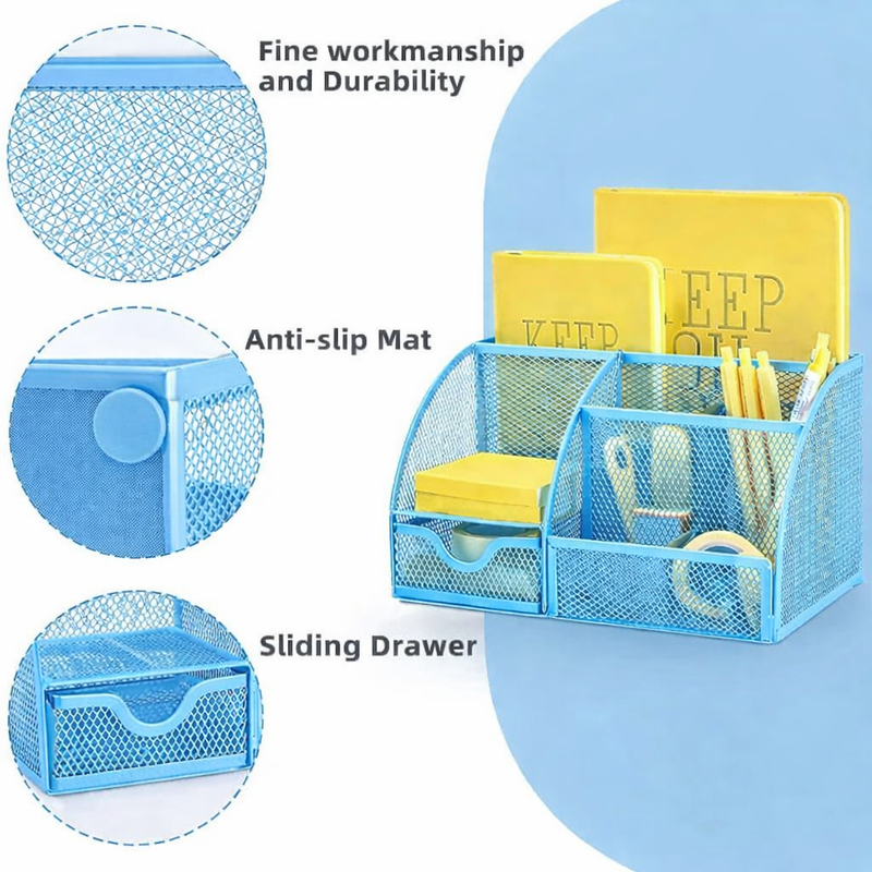 “AnyCraft Blue Mesh Desk Organizer with Multi‑Compartment Storage for Office & School Supplies”