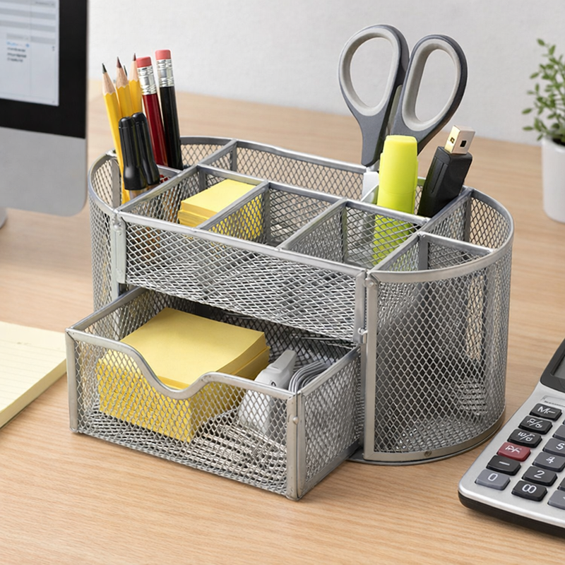 “AnyCraft Silver Metal Mesh Desk Organizer with Large‑Capacity Compartments for Office & School Supplies”