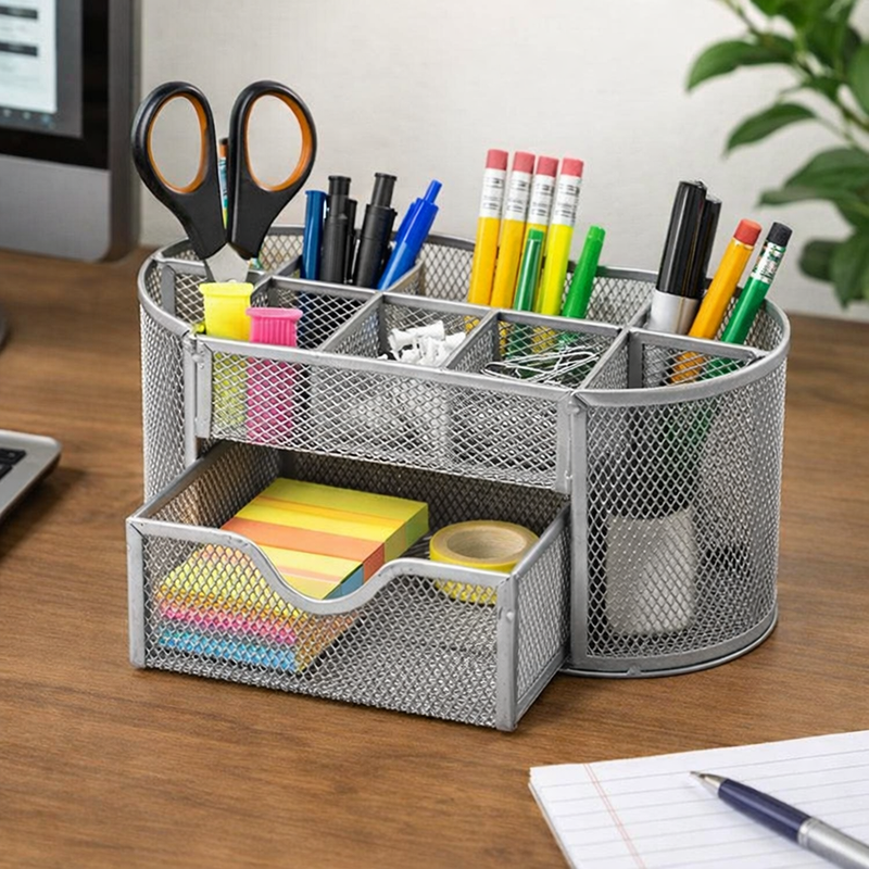 “AnyCraft Silver Metal Mesh Desk Organizer with Large‑Capacity Compartments for Office & School Supplies”