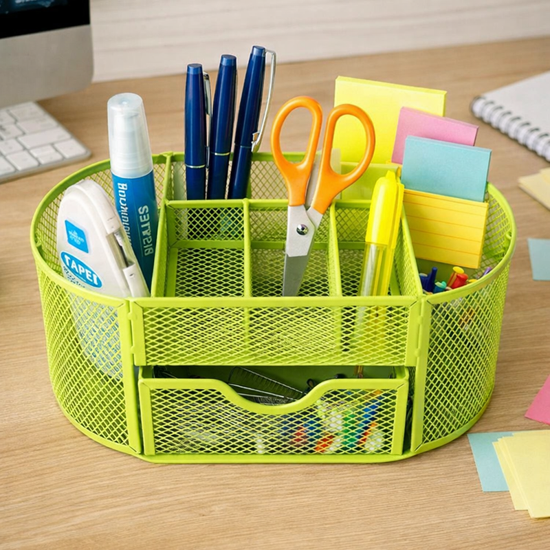 “AnyCraft Light Green Metal Mesh Desk Organizer with Large‑Capacity Compartments for Office & School Supplies”