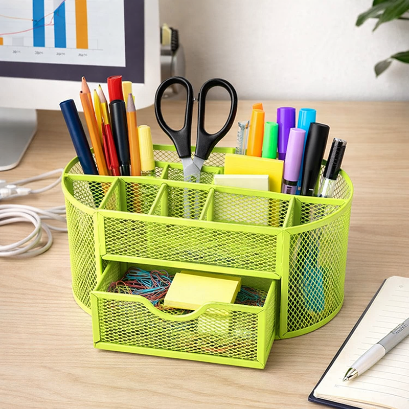 “AnyCraft Light Green Metal Mesh Desk Organizer with Large‑Capacity Compartments for Office & School Supplies”