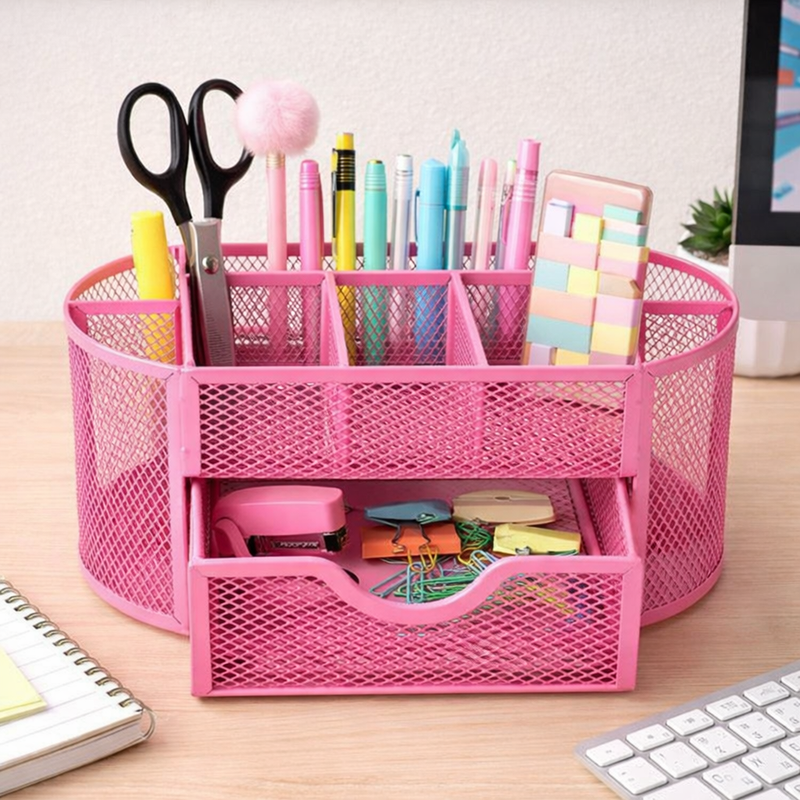 “AnyCraft Pink Metal Mesh Desk Organizer with Large‑Capacity Compartments for Office & School Supplies”