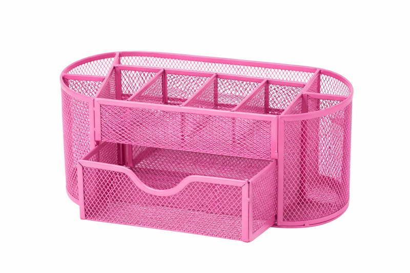 “AnyCraft Pink Metal Mesh Desk Organizer with Large‑Capacity Compartments for Office & School Supplies”