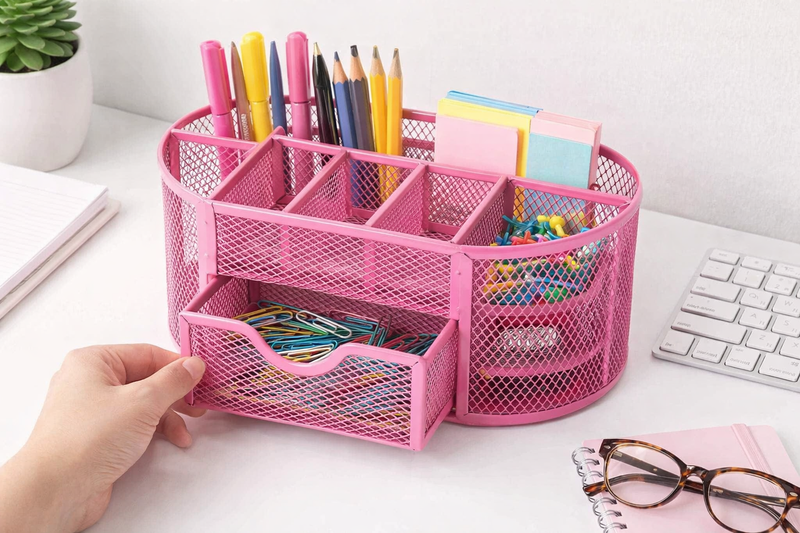 “AnyCraft Pink Metal Mesh Desk Organizer with Large‑Capacity Compartments for Office & School Supplies”